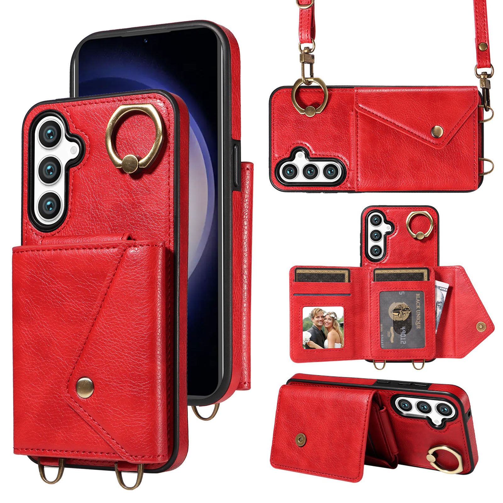 002 Cellphone Cover for Samsung Galaxy S23 FE Ring Kickstand Litchi Texture Leather TPU Card Bag Phone Case with Shoulder Strap 002 Cellphone Cover for Samsung Galaxy S23 FE Ring Kickstand Litchi Texture Leather TPU Card Bag Phone Case with Shoulder Strap